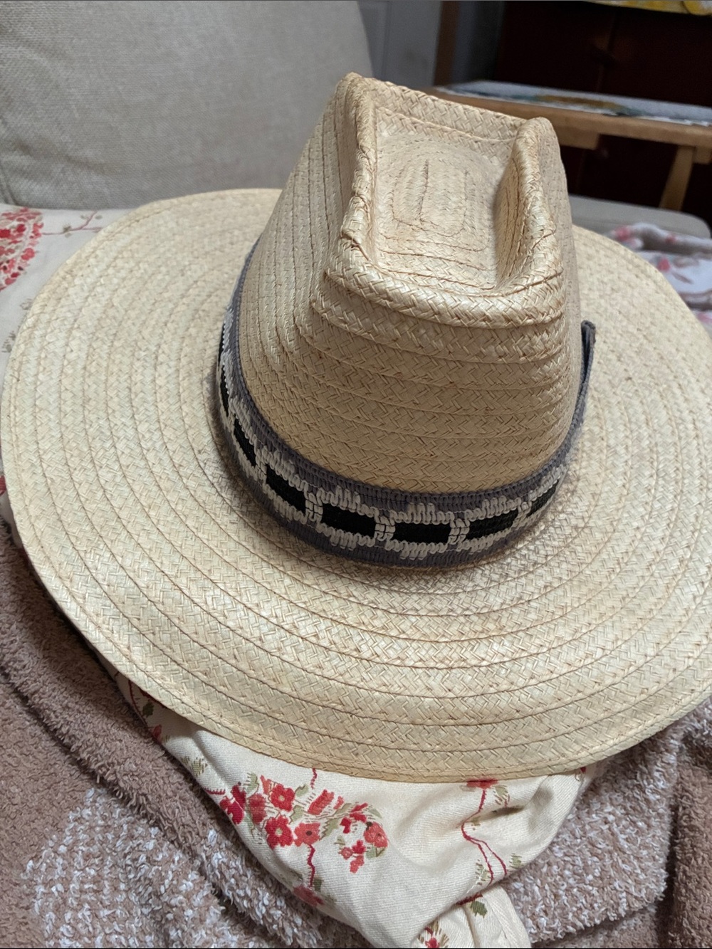 Men's Natural Straw Fedora with Black & Gray Woven Band